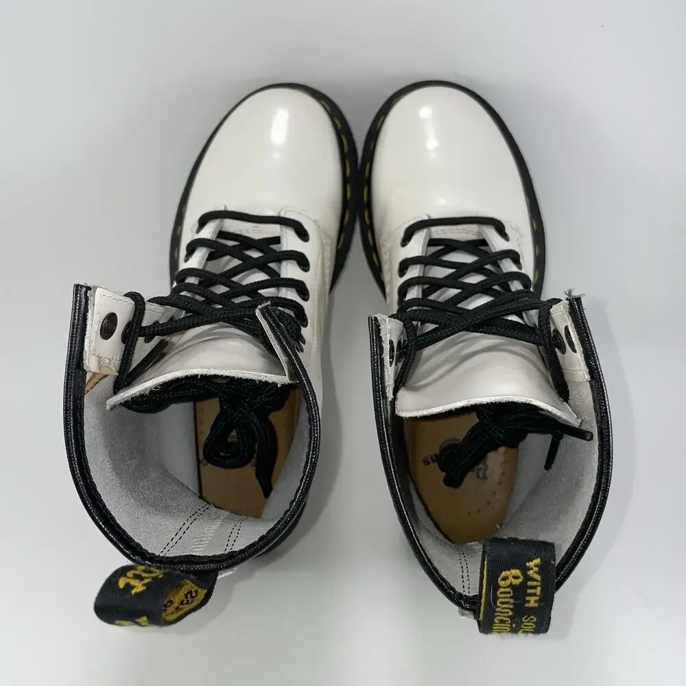 Dr Martens Doc 1460 W Combat Boots Womens Size 6 White Patent Leather Lace Up